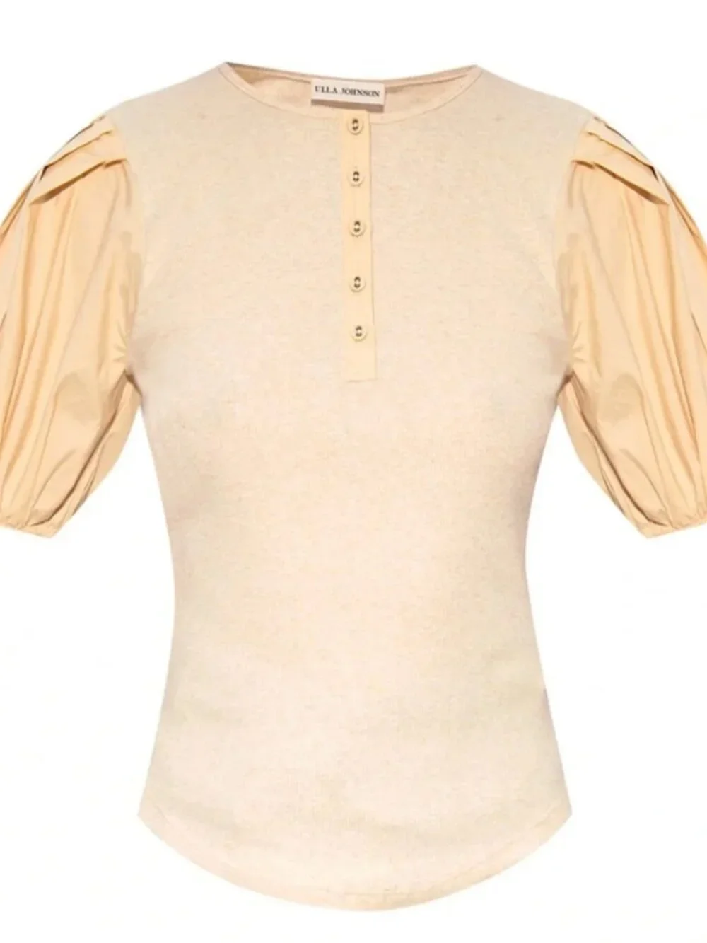 Ulla Johnson Kara‎ Puff Sleeve Top Cream Cotton Knit Blouse Henley Medium